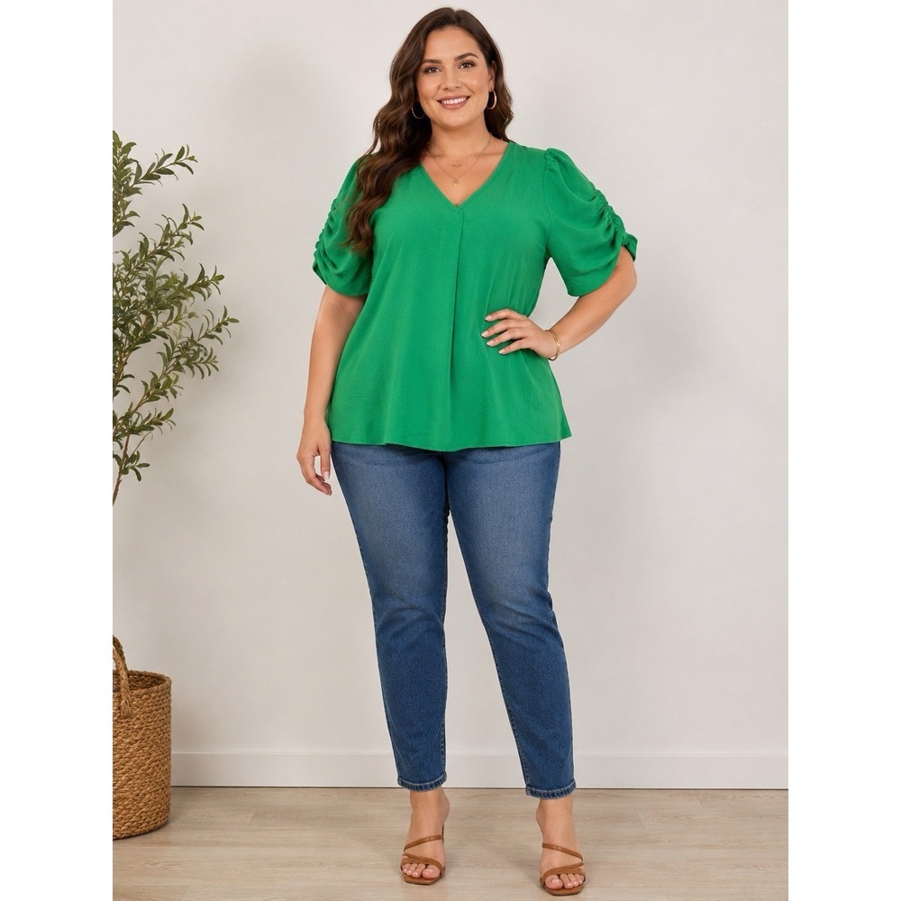 Emery Rose Women's 4XL Green Ruched Puff Sleeve V-Neck Blouse NWT Plus Size